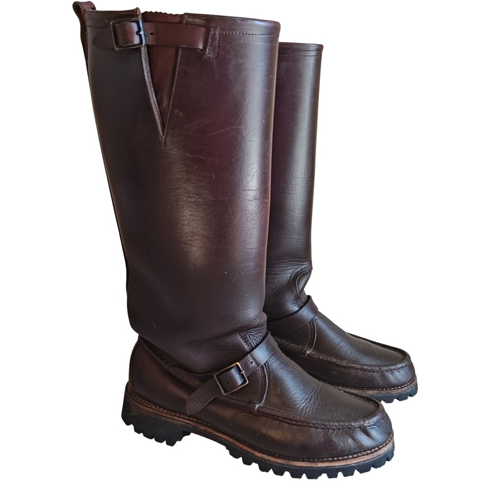 Russell Moccasin Co Tall Leather Boots Mens 9 D Brown Vibram Lug Snake Boot